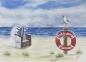 Preview: 25 art postcards Cux05 Cuxhaven life ring Sahlenburg with seagull and beach chair - watercolor